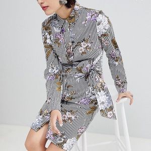 Tie Front Floral Stripe Shirt Dress